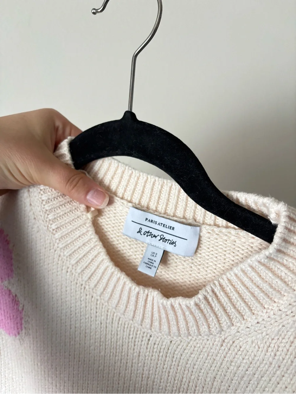 & Other Stories Cotton Cream Crewneck Sweater with Flowers Size Small - Picture 4 of 5